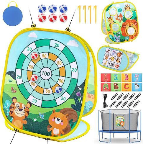 Lunmon Kids Trampoline Toss Game, 3 in 1 Bean Bag Toss Game with Dart Board & Target Board, Trampoline Games Accessories for Kids Outdoor Backyard Party Toy for Boys Girls Ages 3-6 in Kuwait