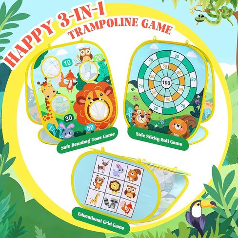 Lunmon Kids Trampoline Toss Game, 3 in 1 Bean Bag Toss Game with Dart Board & Target Board, Trampoline Games Accessories for Kids Outdoor Backyard Party Toy for Boys Girls Ages 3-6 in Kuwait
