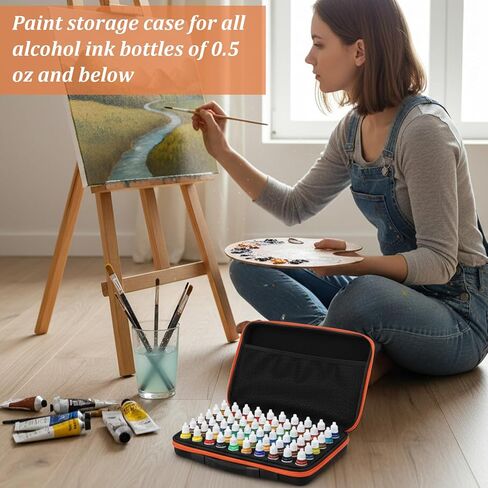 Alcohol Ink Storage Case, 60 Bottles Miniature Paint Organizer with Foam Bases and Inner Storage Pocket Drawing Ink Travel Case, Ink not Included in Kuwait