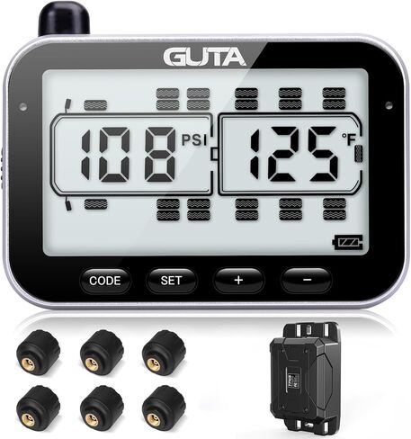 نظام مراقبة ضغط الإطارات GUTA RV، RV TPMS، 6 أجهزة استشعار، 7 أوضاع إنذار، عمر البطارية 14 يومًا، مسافة استشعار 80 قدمًا، شاشة كبيرة، لعربة سكن متنقلة، مقطورة، مدرب، منزل متنقل، عجلة خامسة، (0-188 رطل لكل بوصة مربعة) in Kuwait