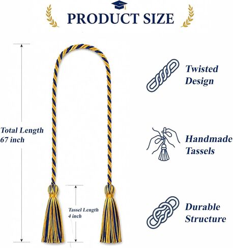 Graduation Honor Cords, 67" Braided Intertwined Cord with 4" Tassels, Gold and Blue Mixed Two-Tone Academic Regalia for High School and College Graduates, Honor Society Cord in Kuwait