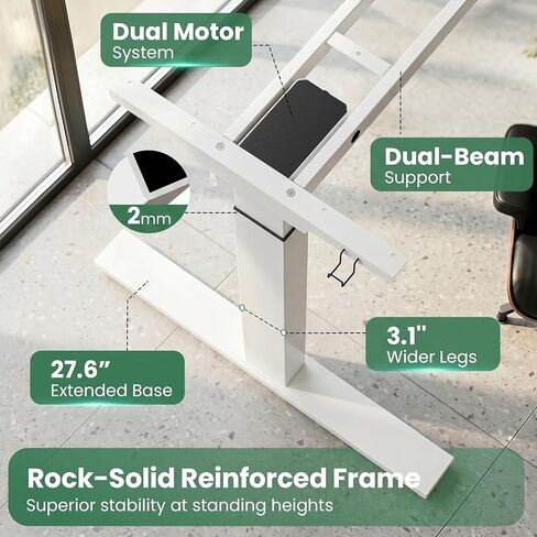 SIAGO Dual Motor Standing Desk Frame with Power Strip, 280 lbs Capacity Standing Desk Legs for Tops up to 75", Adjustable Desk Legs with Memory Presets & Cable Tray, White Frame Only in Kuwait