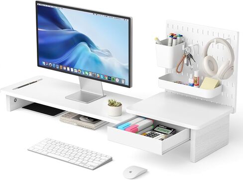 Pegboard Monitor Stand Riser,Computer Monitor Stand with 2 Hooks Cable Management Desk Organizer and Drawer for Laptop,PC,Computer,Printer,White in Kuwait