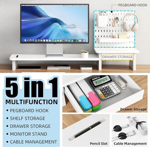 Pegboard Monitor Stand Riser,Computer Monitor Stand with 2 Hooks Cable Management Desk Organizer and Drawer for Laptop,PC,Computer,Printer,White in Kuwait