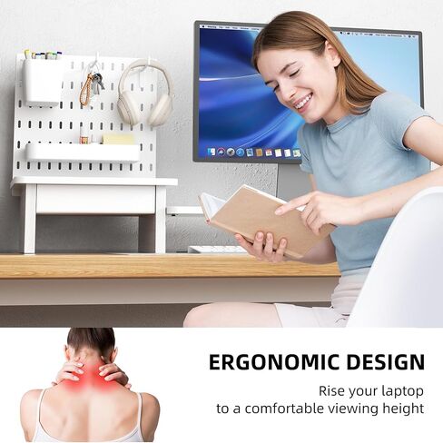 Pegboard Monitor Stand Riser,Computer Monitor Stand with 2 Hooks Cable Management Desk Organizer and Drawer for Laptop,PC,Computer,Printer,White in Kuwait
