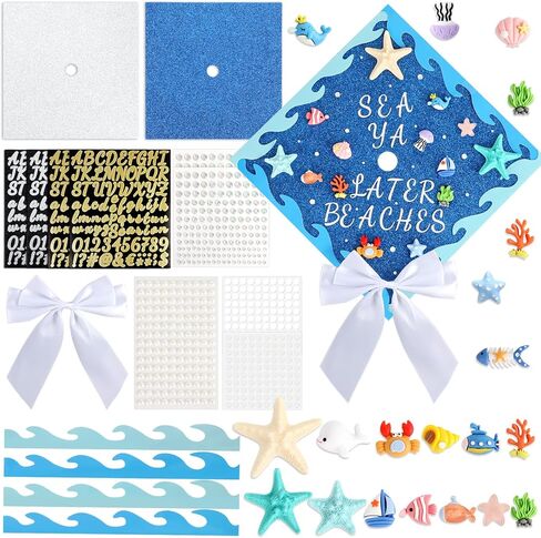 34 Pcs Ocean Theme DIY Graduation Cap Decorations Marine Organisms Patch White Bows Rhinestone Gem Stickers Ocean Wave Cutouts Pearl Stickers for DIY Hat Grad Cap Topper Graduation Party Supplies in Kuwait