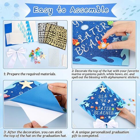 34 Pcs Ocean Theme DIY Graduation Cap Decorations Marine Organisms Patch White Bows Rhinestone Gem Stickers Ocean Wave Cutouts Pearl Stickers for DIY Hat Grad Cap Topper Graduation Party Supplies in Kuwait