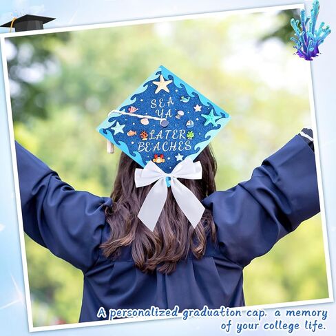 34 Pcs Ocean Theme DIY Graduation Cap Decorations Marine Organisms Patch White Bows Rhinestone Gem Stickers Ocean Wave Cutouts Pearl Stickers for DIY Hat Grad Cap Topper Graduation Party Supplies in Kuwait