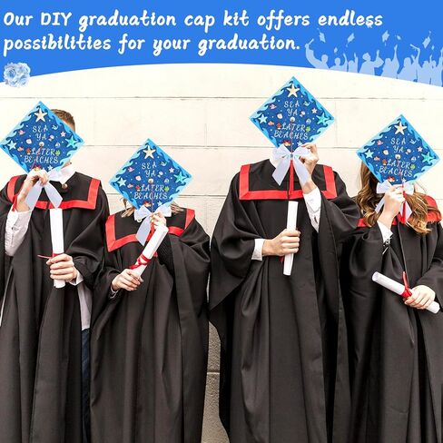 34 Pcs Ocean Theme DIY Graduation Cap Decorations Marine Organisms Patch White Bows Rhinestone Gem Stickers Ocean Wave Cutouts Pearl Stickers for DIY Hat Grad Cap Topper Graduation Party Supplies in Kuwait