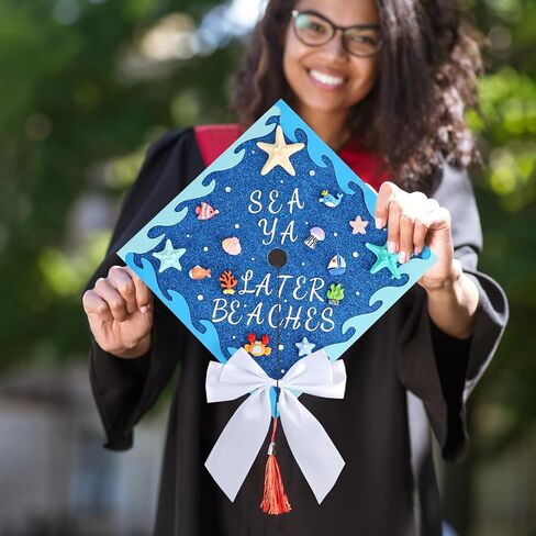 34 Pcs Ocean Theme DIY Graduation Cap Decorations Marine Organisms Patch White Bows Rhinestone Gem Stickers Ocean Wave Cutouts Pearl Stickers for DIY Hat Grad Cap Topper Graduation Party Supplies in Kuwait