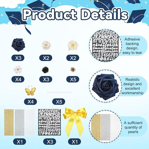 Knitgrip 33 DIY مجموعة ديكورات قبعة التخرج باللون الأزرق 2026 ديكور قبعة التخرج مع قوس فراشة ثلاثية الأبعاد زهور صناعية ذاتية اللصق حرف الراين من أجل قبعة التخرج المتعلمة والمتخرجة DIY in Kuwait