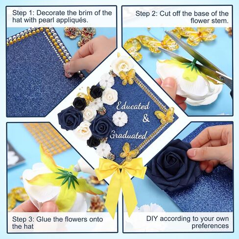 Knitgrip 33 DIY مجموعة ديكورات قبعة التخرج باللون الأزرق 2026 ديكور قبعة التخرج مع قوس فراشة ثلاثية الأبعاد زهور صناعية ذاتية اللصق حرف الراين من أجل قبعة التخرج المتعلمة والمتخرجة DIY in Kuwait