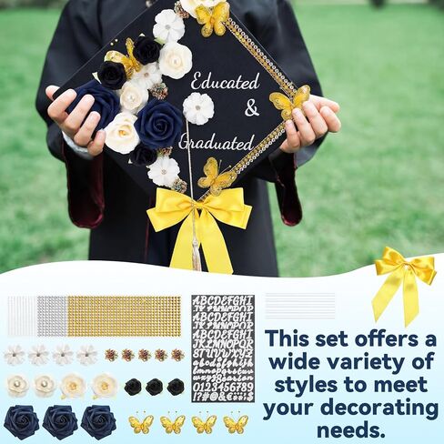 Knitgrip 33 DIY مجموعة ديكورات قبعة التخرج باللون الأزرق 2026 ديكور قبعة التخرج مع قوس فراشة ثلاثية الأبعاد زهور صناعية ذاتية اللصق حرف الراين من أجل قبعة التخرج المتعلمة والمتخرجة DIY in Kuwait