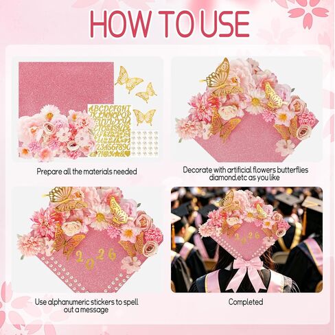 مجموعة تزيين قبعة التخرج DIY من KOILLUXU، زهور صناعية، فراشات ثلاثية الأبعاد، لؤلؤ، قوس وردي، غطاء رأس التخرج، أوراق حروف ونقاط لاصقة لحفلة التخرج in Kuwait