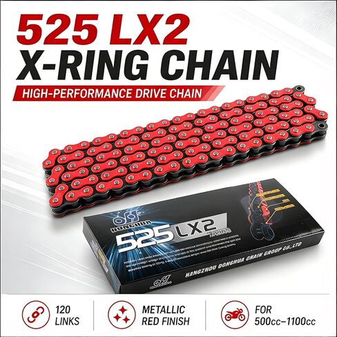 DONGHUA Motor Sport DH Chain 525 LX2 سلسلة سلسلة X-Ring Chain (120 وصلة) (أحمر معدني) in Kuwait