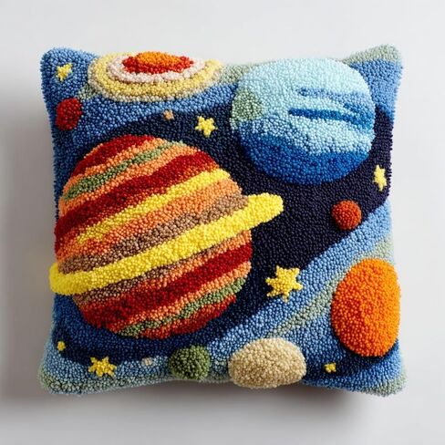 Latch Hook Pillow Kit Planet and Stars Printed Pillow Cover DIY Crochet Yarn Hooking Pillowcase for Hobby and Home Decor 43x43cm-3 in Kuwait