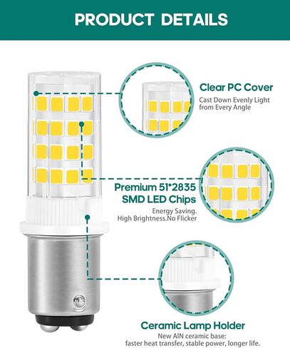 Sewing Machine Push-in LED Light Bulb 15t7DC Double Contact Bayonet BA15D Base AC110-130Volt - for Kenmore | Singer 15-66, 99, 201, 221, 222, 401 (2Pack-6000K Cool White) in Saudi Arabia