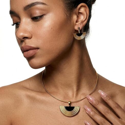 Gold Jewelry Set for Women, Dainty 18K Gold Plated Fan/Flower/OT Choker Necklace and Drop Earrings, Trendy Earrings and Necklace Set Jewelry Gift for Women in Saudi Arabia