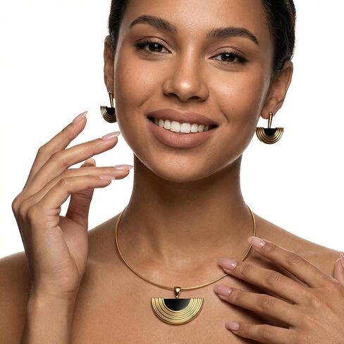 Gold Jewelry Set for Women, Dainty 18K Gold Plated Fan/Flower/OT Choker Necklace and Drop Earrings, Trendy Earrings and Necklace Set Jewelry Gift for Women in Saudi Arabia