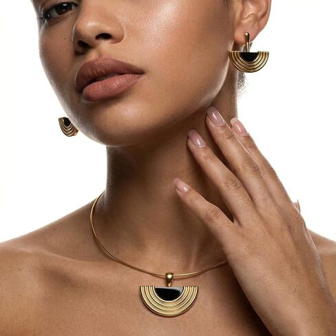 Gold Jewelry Set for Women, Dainty 18K Gold Plated Fan/Flower/OT Choker Necklace and Drop Earrings, Trendy Earrings and Necklace Set Jewelry Gift for Women in Saudi Arabia
