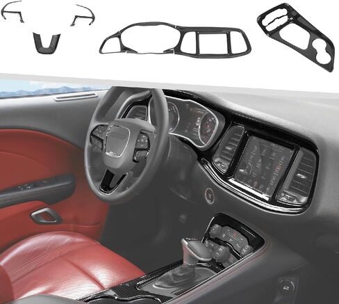 Jimen Fit for Dodge Challenger 2015-2023، 9 قطع من الألياف الكربونية الداخلية - غطاء لوحة القيادة المركزية ولوحة لوحة القيادة ولوحة تقليم ناقل الحركة in Kuwait