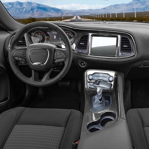 Jimen Fit for Dodge Challenger 2015-2023، 9 قطع من الألياف الكربونية الداخلية - غطاء لوحة القيادة المركزية ولوحة لوحة القيادة ولوحة تقليم ناقل الحركة in Kuwait