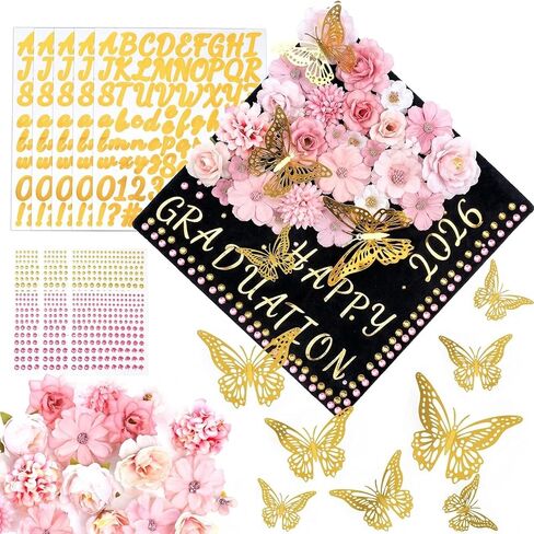 FgTnYh 43pcs Graduation Cap Decoration Kit Including Faux Flowers 3D Butterfly Glitter Rhinestone Decals and Alphabet Letter Number Stickers for Grad Party DIY Craft Supplies (Pink) in Saudi Arabia