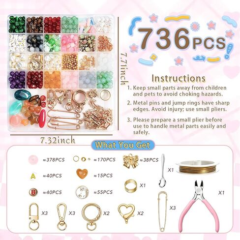Kasmena 750+PCS Beaded Keychain Making Kit, Cute Bag Charm Kit with Glass Bead Acrylic Heart Star Flower Letter Alphabet DIY Supplies Crafts Accessoriess for Women Girls in Kuwait