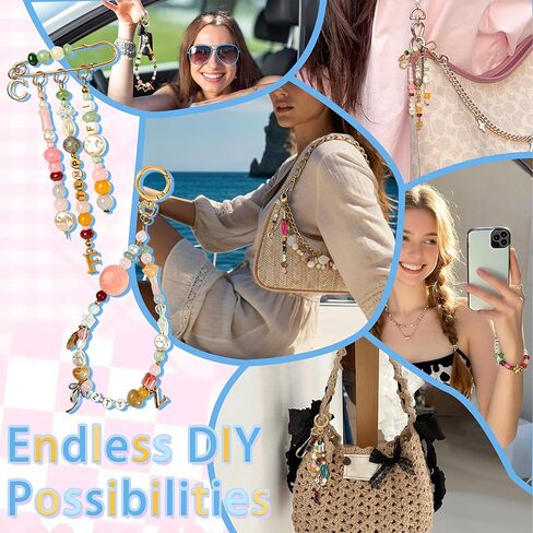Kasmena 750+PCS Beaded Keychain Making Kit, Cute Bag Charm Kit with Glass Bead Acrylic Heart Star Flower Letter Alphabet DIY Supplies Crafts Accessoriess for Women Girls in Kuwait