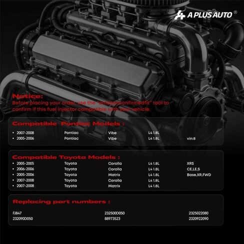 مجموعة حاقن الوقود مكونة من 4 قطع، متوافقة مع Toyota Corolla CE LE S XRS، Matrix Base XR FWD، Pontiac Vibe 2005 2006 2007 2008، 12 فتحة L4 1.8L، استبدال الجزء 23209-0D050، FJ847 in Kuwait