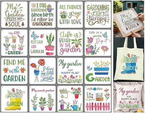 16Pcs Garden Floral Stencils Painting On Reusable Crafts Templates, 7.8x7.8Inch My Garden Flower Plant Stencil for Painting on DIY Wood Canvas Scrapbook Paper Fabric Pillows Card Making Home Decor in Saudi Arabia