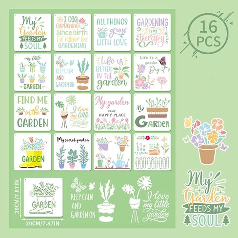 16Pcs Garden Floral Stencils Painting On Reusable Crafts Templates, 7.8x7.8Inch My Garden Flower Plant Stencil for Painting on DIY Wood Canvas Scrapbook Paper Fabric Pillows Card Making Home Decor in Saudi Arabia