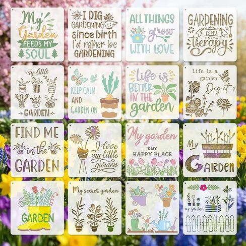 16Pcs Garden Floral Stencils Painting On Reusable Crafts Templates, 7.8x7.8Inch My Garden Flower Plant Stencil for Painting on DIY Wood Canvas Scrapbook Paper Fabric Pillows Card Making Home Decor in Saudi Arabia