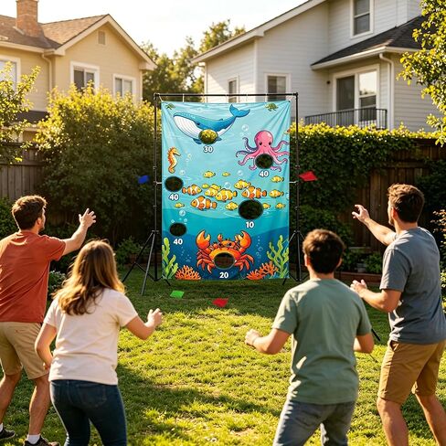 Ocean Toss Game Birthday Party Supplies Bean Bag Toss Game for Adults, Washable Heavy Duty Outdoor Indoor Throwing Theme Party Game Banner with 3 Bean Bags and 19.6ft String in Saudi Arabia