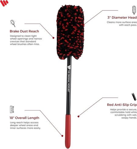 Wheel Woolies Car Detailing Brush - 18" No-Scratch Car Wheel Brush with Anti-Slip Grip Handle | Clean Wheels, Rims, Small Slots, & Brake Dust Crevices | Made in USA in Kuwait