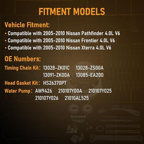 4.0 مجموعة أدوات سلسلة التوقيت لنيسان إكستيرا باثفندر فرونتير 4.0L 2005-2010، حشية الرأس HS26370PT سلسلة زمنية للمحرك 13028-ZK01C مضخة مياه AW9426 in Kuwait