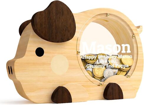 Wooden Piggy Bank for Kids, Cute Money Bank for Girls, Clear Coin Bank with Plug, Wood Kids Bank Toy Unbreakable Money Box, Personalized Gift for Children Birthday Christmas and Decor in Saudi Arabia
