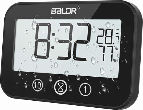 Digital LCD Waterproof Timer Shower Clock, Waterproof for Water Spray, Bathroom Clock Wall Mount, Two Suction Cup, Displays Time, Temperature, and Indoor Relative Humidity (1, Black) in Saudi Arabia