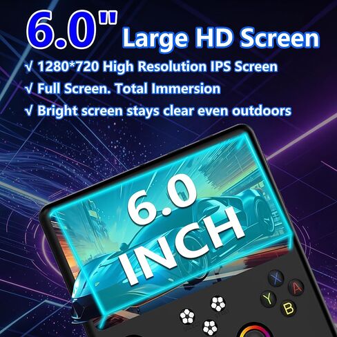 وحدة تحكم الألعاب المحمولة R60MAX Retro، شاشة 6.0 بوصة HD IPS، بطارية 6000 مللي أمبير في الساعة، 40000+ ألعاب كلاسيكية مثبتة مسبقًا، حالة الحفظ/التحميل، نظام التشغيل Linux، هدية للاعبين (أسود 128 جيجابايت) in Kuwait