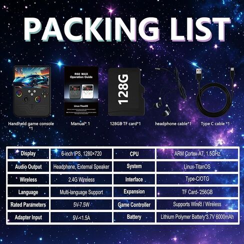 وحدة تحكم الألعاب المحمولة R60MAX Retro، شاشة 6.0 بوصة HD IPS، بطارية 6000 مللي أمبير في الساعة، 40000+ ألعاب كلاسيكية مثبتة مسبقًا، حالة الحفظ/التحميل، نظام التشغيل Linux، هدية للاعبين (أسود 128 جيجابايت) in Kuwait