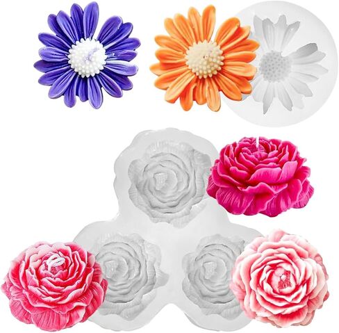 2PCS Silicone Flower Mold, Triple Peony Rose and Daisy Shaped, for Candle, Handmade Soap, Resin, Plaster Making, Valentine's Day Gift in Saudi Arabia