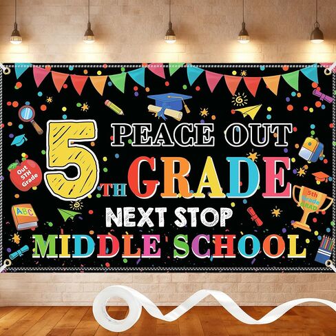 Peace Out 5th Grade Graduation Backdrop – Next Stop Middle School Banner, 5th Grade Promotion Decorations for Elementary Graduation Party, Photo Booth (Peace Out 5th, 6x4FT) in Kuwait