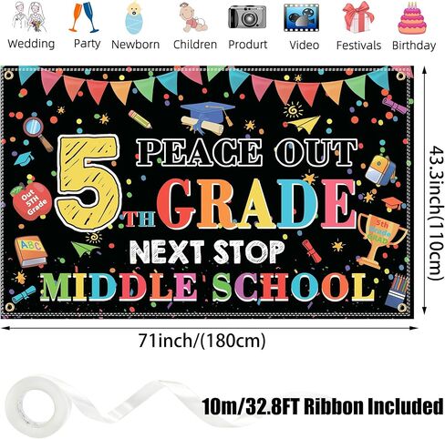 Peace Out 5th Grade Graduation Backdrop – Next Stop Middle School Banner, 5th Grade Promotion Decorations for Elementary Graduation Party, Photo Booth (Peace Out 5th, 6x4FT) in Kuwait