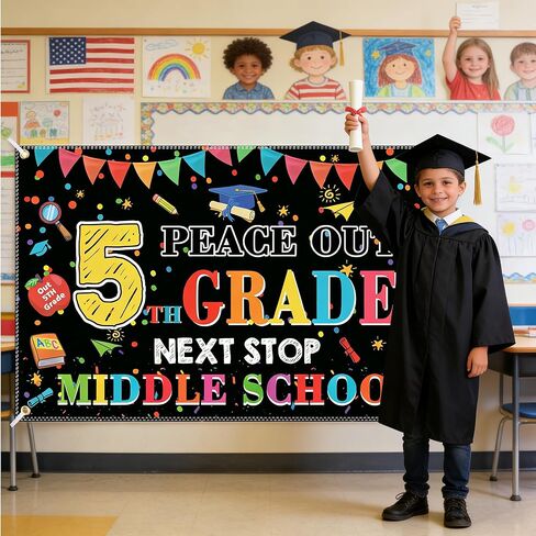 Peace Out 5th Grade Graduation Backdrop – Next Stop Middle School Banner, 5th Grade Promotion Decorations for Elementary Graduation Party, Photo Booth (Peace Out 5th, 6x4FT) in Kuwait