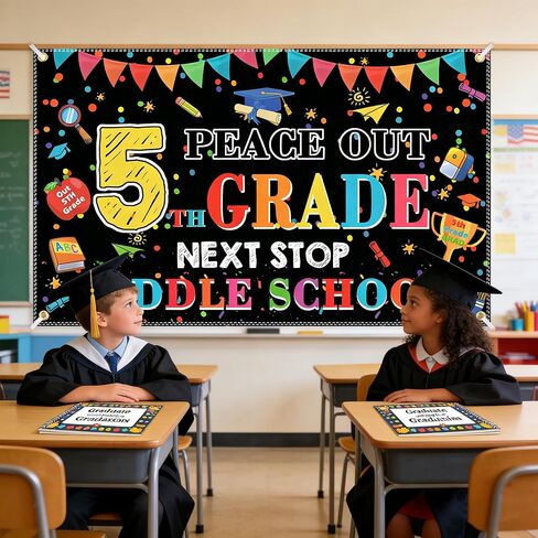 Peace Out 5th Grade Graduation Backdrop – Next Stop Middle School Banner, 5th Grade Promotion Decorations for Elementary Graduation Party, Photo Booth (Peace Out 5th, 6x4FT) in Kuwait