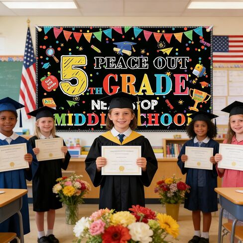Peace Out 5th Grade Graduation Backdrop – Next Stop Middle School Banner, 5th Grade Promotion Decorations for Elementary Graduation Party, Photo Booth (Peace Out 5th, 6x4FT) in Kuwait