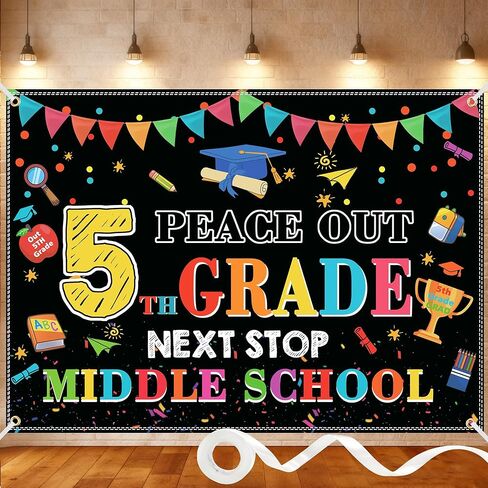 Peace Out 5th Grade Graduation Backdrop – Next Stop Middle School Banner, 5th Grade Promotion Decorations for Elementary Graduation Party, Photo Booth (Peace Out 5th, 6x4FT) in Kuwait
