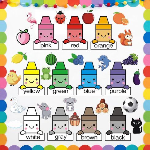 FunooFuno 33 Pcs Color Posters for Classroom, Crayon Cutouts Bulletin Board Set Fruit Animal Classroom Boarders with 100 pcs Adhesive Glue Point Dots for Toddler Preschool Learning Family Decorations in Kuwait