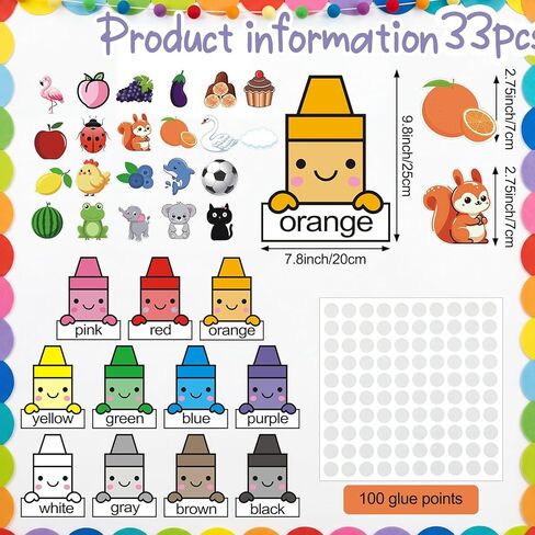 FunooFuno 33 Pcs Color Posters for Classroom, Crayon Cutouts Bulletin Board Set Fruit Animal Classroom Boarders with 100 pcs Adhesive Glue Point Dots for Toddler Preschool Learning Family Decorations in Kuwait
