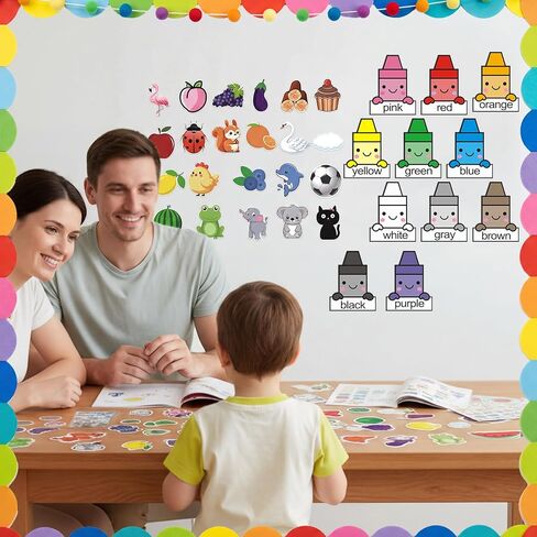 FunooFuno 33 Pcs Color Posters for Classroom, Crayon Cutouts Bulletin Board Set Fruit Animal Classroom Boarders with 100 pcs Adhesive Glue Point Dots for Toddler Preschool Learning Family Decorations in Kuwait